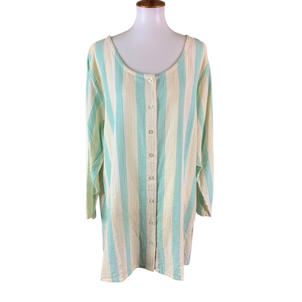 Original Anthony Aqua Yellow Striped Cotton Button Front‎ Tunic 1X